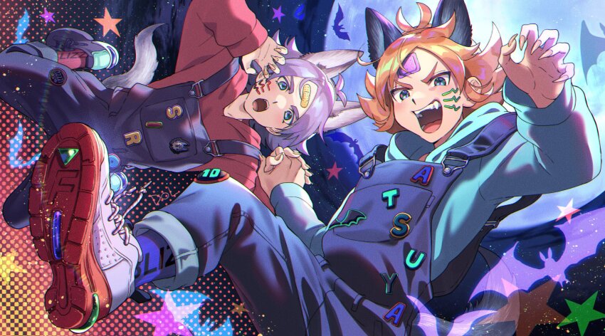 2boys animal_ears aqua_hoodie bandaid bandaid_on_face bandaid_on_forehead bat_(animal) blue_eyes blue_overalls blue_socks brothers dolustoy facial_mark fake_claws fang fubuki_atsuya fubuki_shirou full_moon grey_hair halloween halloween_costume highres holding_hands hood hoodie inazuma_eleven_(series) looking_at_viewer male_focus moon multiple_boys open_mouth orange_hair overalls red_hoodie red_socks siblings sky socks star_(sky) star_(symbol) starry_sky tail twins werewolf_costume whisker_markings white_footwear wolf_ears wolf_tail