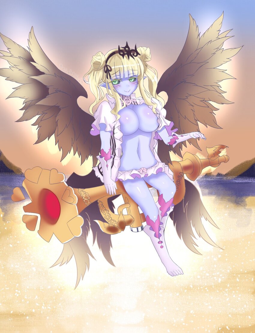 1girl angel black_headdress black_wings blonde_hair blue_skin blunt_bangs blush breasts closed_mouth colored_sclera colored_skin double_bun feathered_wings floating frilled_nightgown frilled_panties frills gloves glowing glowing_wings green_eyes green_sclera hair_bun hair_over_shoulder highres instrument lake large_breasts long_hair monster_girl monster_girl_encyclopedia naughty_face nightgown non-web_source open_clothes panties pointy_ears salpinx_(monster_girl_encyclopedia) smile solo trumpet twintails underwear white_gloves wings