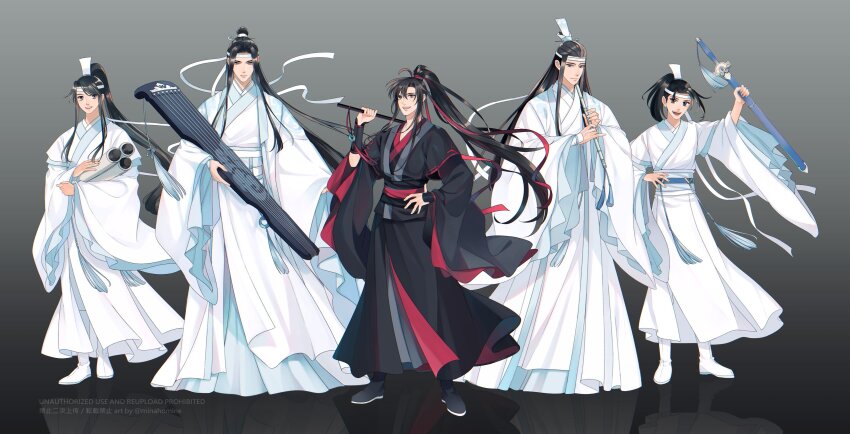5boys absurdres ahoge artist_name black_boots black_eyes black_hair black_hanfu blue_sash boots bracer brothers chinese_clothes closed_mouth commentary dizi english_commentary floating_hair flute flute_tassel full_body gradient_background grey_background grey_eyes guqin hair_ribbon hand_on_own_hip hand_up hanfu headband high_ponytail highres holding holding_flute holding_instrument holding_scroll holding_sword holding_weapon instrument jian_(weapon) lan_jingyi lan_sizhui lan_wangji lan_xichen long_hair long_sleeves looking_at_viewer male_focus minataka94 modao_zushi multiple_boys open_mouth over_shoulder ponytail red_eyes red_ribbon red_sash reflective_floor ribbon robe sash scroll sheath sheathed siblings sidelocks simple_background smile standing sword sword_tassel tassel topknot transverse_flute very_long_hair watermark weapon wei_wuxian white_boots white_hanfu white_headband white_ribbon wide_sleeves xiao_(instrument) xiao_guan_(headdress) yaopei yellow_eyes