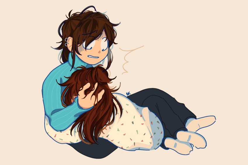 arm_around_back blue_sweater brown_hair clenched_teeth commissioner_insert confetti_print constricted_pupils earrings full_body hand_on_another&#039;s_head highres hoop_earrings jewelry looking_at_another nobi33ka on_ground our_life our_life:_now_and_forever sidelocks sitting sweater teeth white_sweater worried