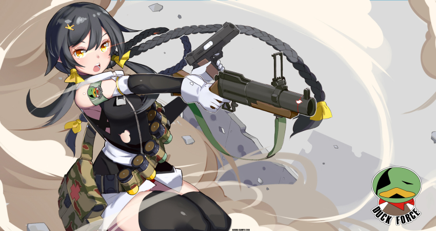 1girl 40x46_lv_hedp_m433 40x46mm_lv ammunition ammunition_belt anti-materiel_cartridge aosora_kamiya bandolier belt black_thighhighs braid break-action_grenade_launcher copyright_request dual-purpose_cartridge elbow_gloves explosive female_focus finger_on_trigger first_aid_kit floating_hair gloves glowing glowing_eyes grenade grenade_cartridge grenade_launcher gun handgun high-explosive_anti-tank_(warhead) high-explosive_cartridge high-explosive_dual-purpose_cartridge highres holding holding_gun holding_weapon long_hair m79 open_mouth pistol solo subsonic_ammunition teeth thighhighs thighs twin_braids very_long_hair weapon weapon_request white_gloves yellow_eyes