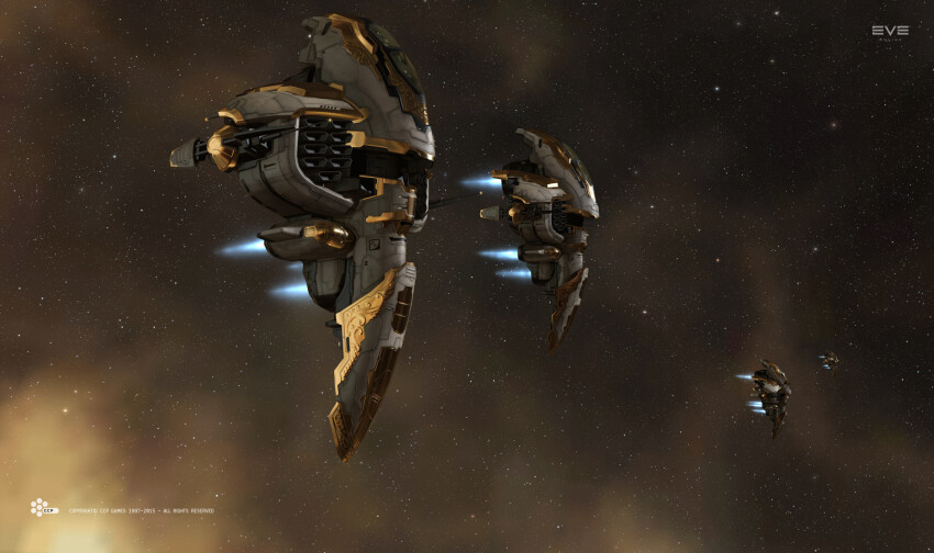 3d amarr_empire_(eve_online) ambiguous_gender canopy_(aircraft) commentary company_logo company_name copyright_logo copyright_name dated eve_online fleet from_side glint glowing gold heavy_fighter_(eve_online) highres logo military_vehicle official_art outdoors pilot radio_antenna realistic salvo_(willem_van_biljon) science_fiction sky space spacecraft star_(sky) starfighter starry_sky starry_sky_background thrusters vehicle_focus