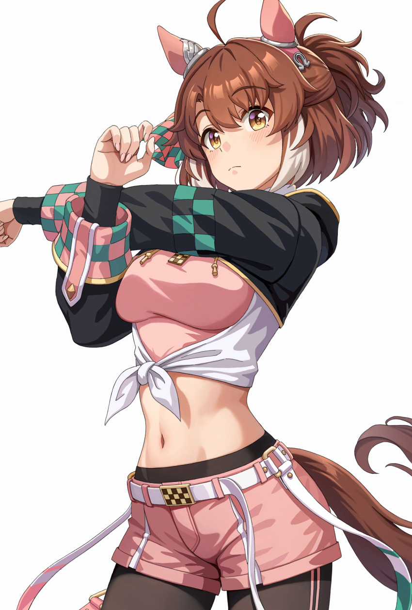 1girl absurdres ahoge animal_ears belt black_pantyhose blush breasts brown_hair closed_mouth cowboy_shot dantsu_flame_(umamusume) ear_covers highres horse_ears horse_girl horse_tail isu8376 long_sleeves looking_at_viewer medium_breasts midriff multicolored_hair navel pantyhose pink_shorts ponytail shirt short_hair short_ponytail short_shorts shorts shrug_(clothing) simple_background solo standing streaked_hair stretching tail tied_shirt umamusume white_background yellow_eyes