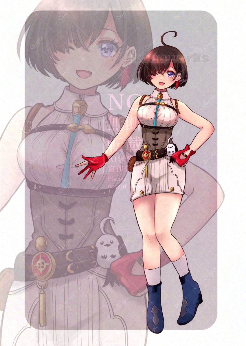 1girl ahoge asymmetrical_bangs atelier_(series) atelier_yumia black_hair blue_boots boots border breasts commentary commission dress english_commentary gloves grey_corset hand_on_own_hip highres large_breasts mole mole_under_eye multicolored_hair nonoworks one_eye_closed open_mouth outside_border parted_bangs partially_fingerless_gloves pencil_dress purple_eyes red_gloves red_hair short_hair smile solo standing streaked_hair stuffed_animal stuffed_bird stuffed_toy two-tone_hair watermark watermark_grid white_border white_dress yumia_liessfeldt