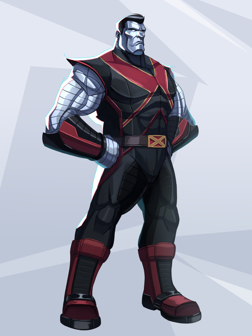1boy arm_guards belt black_bodysuit black_hair bodysuit colossus_(x-men) flattop hands_on_own_hips highres male_focus marvel marvel_rivals metal_skin muscular muscular_male parody ribbions_art short_hair sleeveless standing style_parody x-men