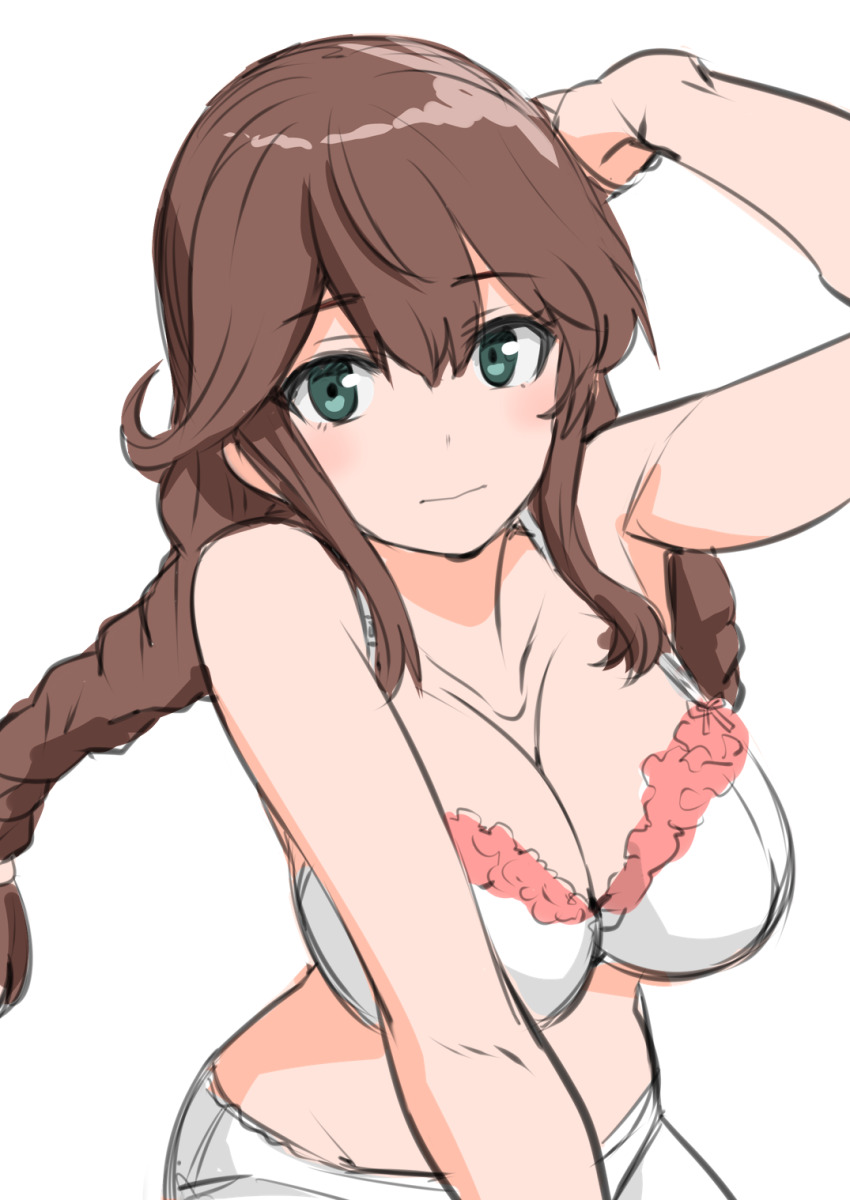 1girl 30-06 arm_behind_head arm_support blush bra braid breasts brown_hair closed_mouth frilled_bra frills green_eyes hair_between_eyes highres kantai_collection large_breasts long_hair looking_at_viewer low_twin_braids noshiro_(kancolle) swept_bangs twin_braids underwear white_bra