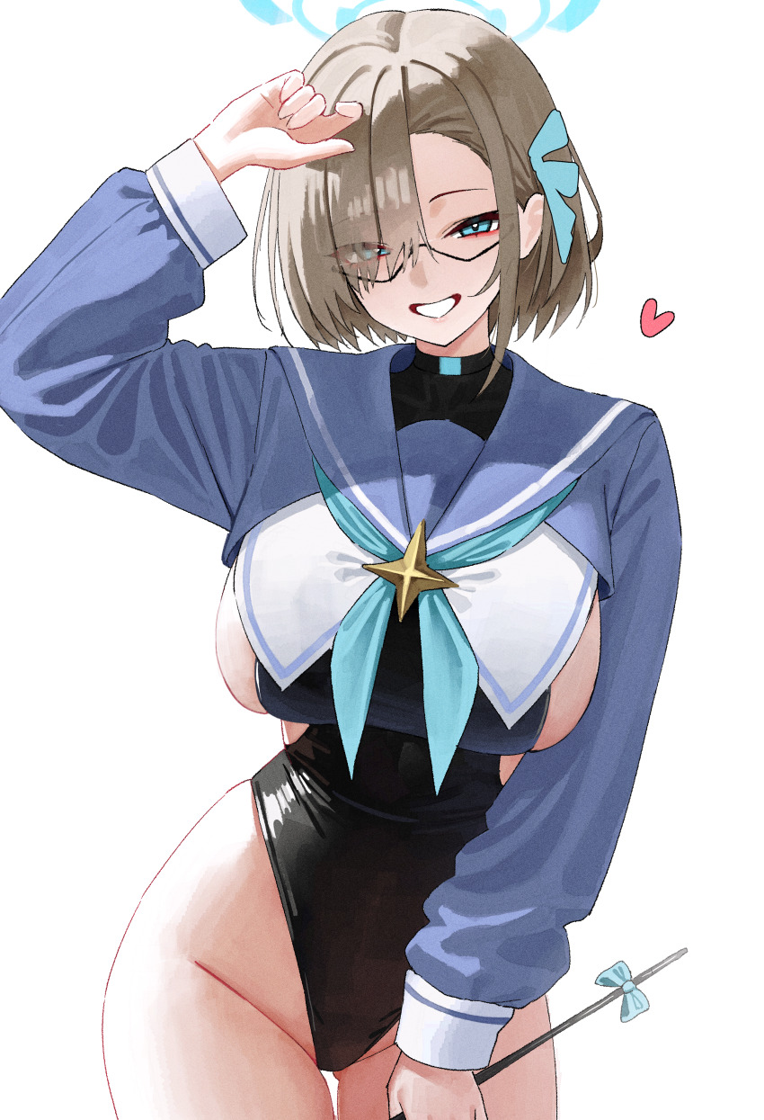1girl absurdres alternate_costume alternate_hair_length alternate_hairstyle asuna_(blue_archive) bespectacled black-framed_eyewear black_leotard blue_archive blue_eyes blue_halo blue_sailor_collar breasts brown_hair commentary english_commentary eyes_visible_through_hair glasses gluteal_fold hair_over_one_eye halo heart highleg highleg_leotard highres holding holding_wand kono_(xerondan321) large_breasts leotard long_sleeves looking_at_viewer magical_girl sailor_collar shimiko_(blue_archive) shimiko_(magical)_(blue_archive) short_hair simple_background smile solo thighs wand white_background