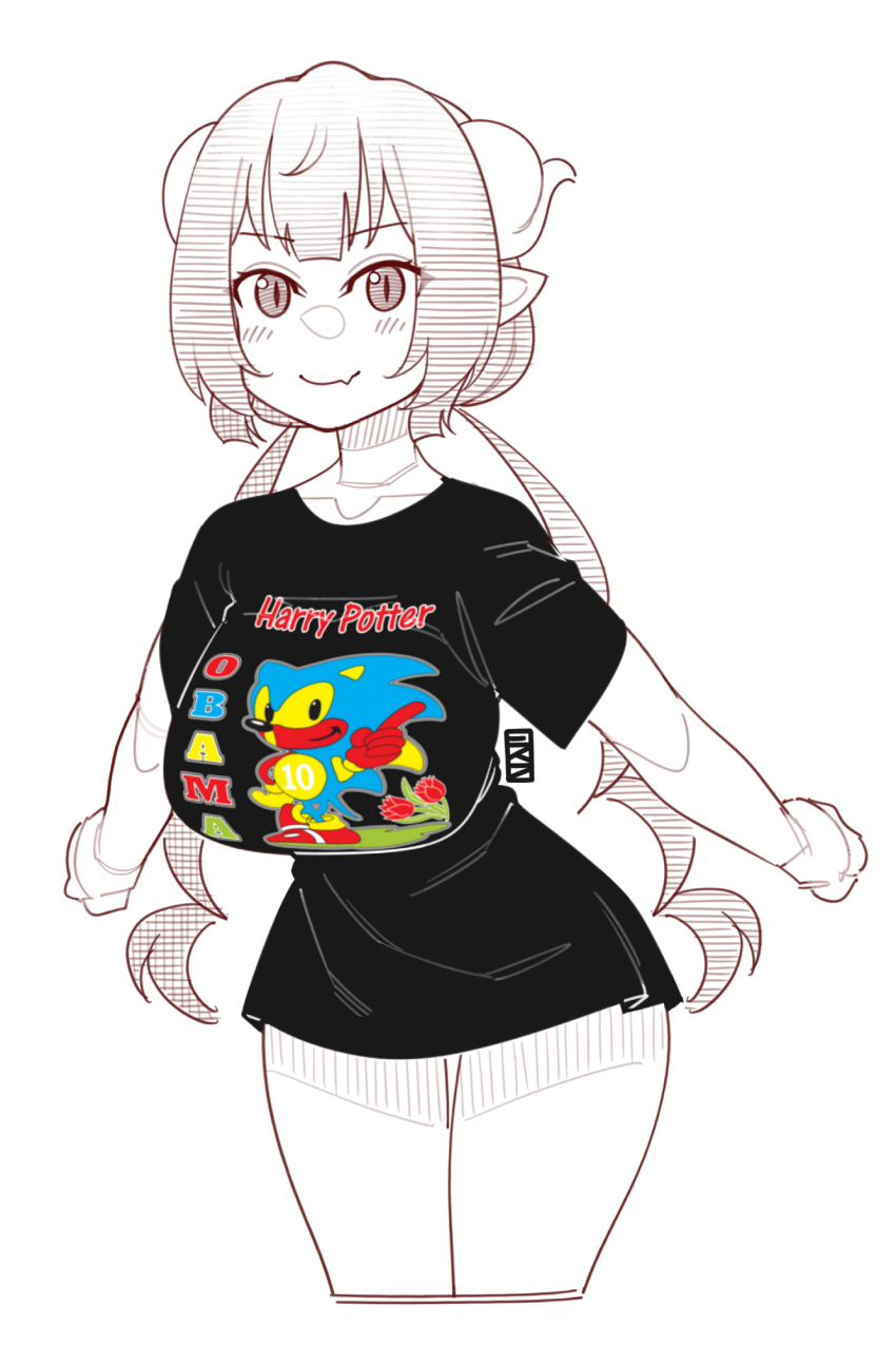 1girl artist_logo black_shirt blush breasts closed_mouth cropped_legs dragon_girl dragon_horns fang highres horns ilulu_(maidragon) kobayashi-san_chi_no_maidragon large_breasts leaning_forward logo long_hair looking_at_viewer meme partially_colored pointy_ears shirt simple_background skin_fang slit_pupils smile solo sonic_(series) sonic_the_hedgehog twintails white_background