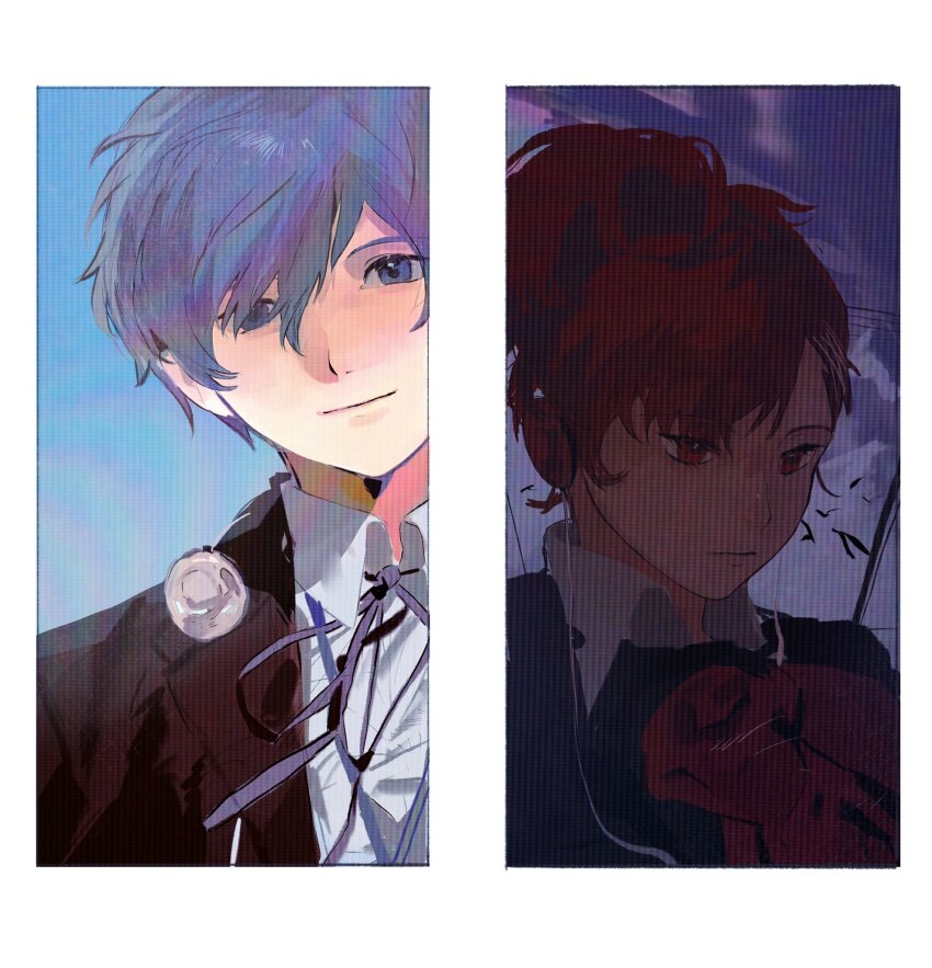 1boy 1girl achai_dong black_jacket blue_eyes blue_hair brown_eyes brown_hair closed_mouth collared_shirt headphones highres jacket looking_at_viewer medium_hair open_clothes open_jacket persona persona_3 ponytail shiomi_kotone shirt short_hair smile upper_body white_shirt yuuki_makoto_(persona_3)