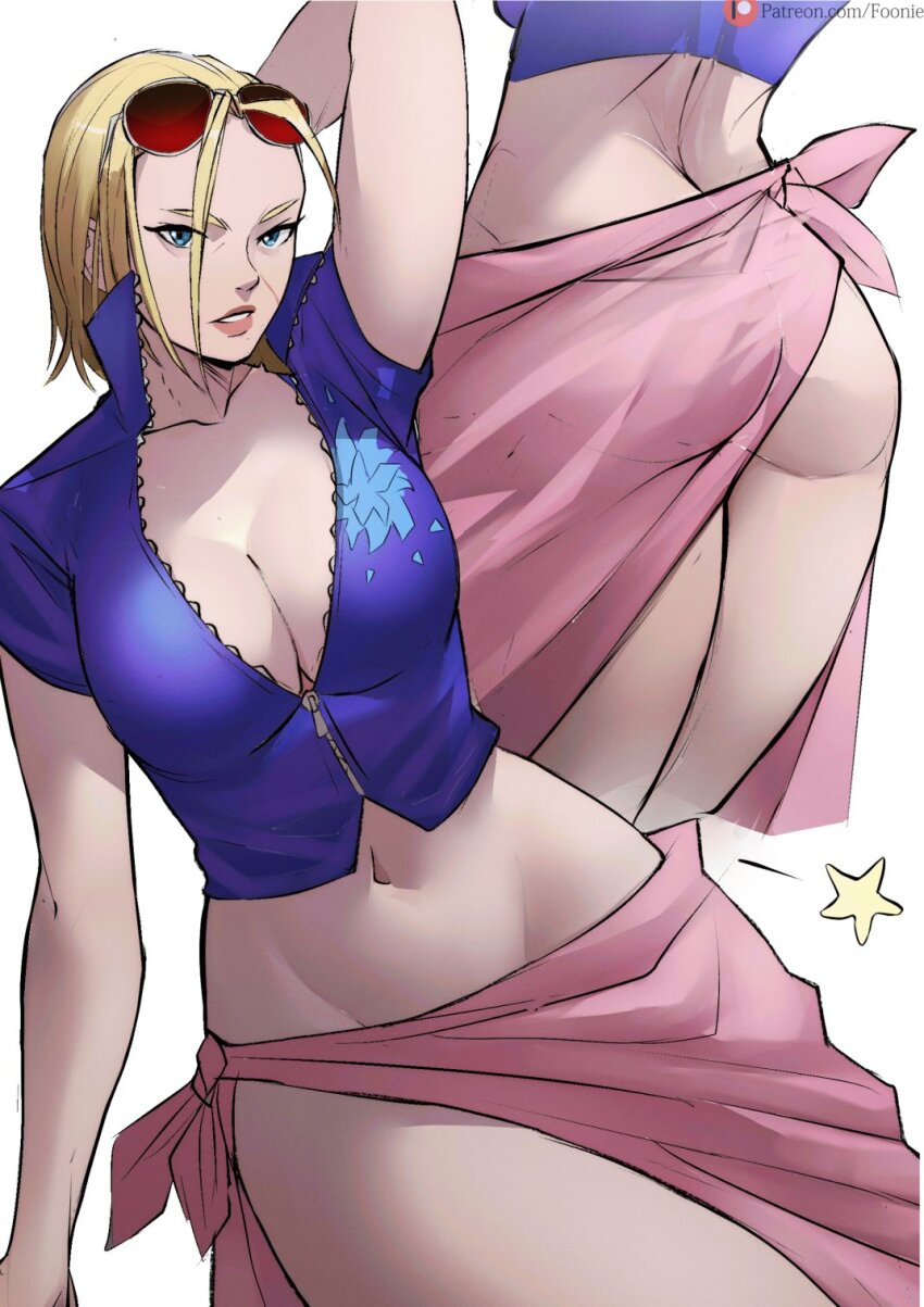 1girl ass blonde_hair blue_eyes breasts cammy_white cleavage collarbone cosplay cropped_jacket eyewear_on_head funi_xd highres jacket large_breasts looking_at_viewer midriff navel nico_robin nico_robin_(cosplay) nico_robin_(return_to_sabaody) one_piece pink_sarong sarong scar scar_on_face short-sleeved_jacket short_sleeves simple_background smile solo street_fighter street_fighter_6 sunglasses white_background zipper zipper_pull_tab