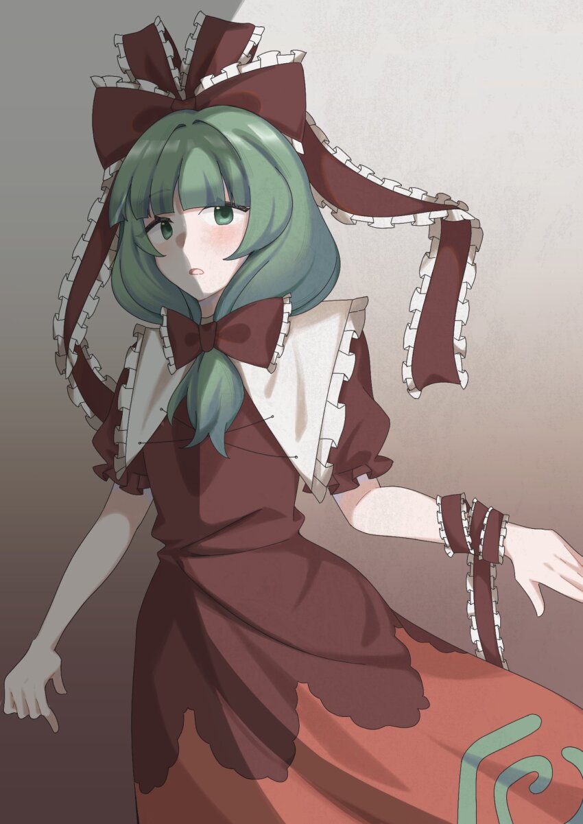 1girl arm_ribbon bow dress front_ponytail green_eyes green_hair highres kagiyama_hina puffy_short_sleeves puffy_sleeves red_bow red_dress red_ribbon ribbon short_sleeves solo touhou xiao_ganju_nailuo
