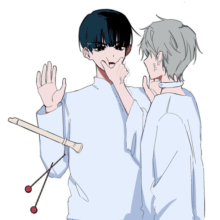 2boys alien_stage anger_vein black_eyes black_hair choker flute grabbing_another&#039;s_face grey_hair head_grab highres instrument ivan_(alien_stage) kyon_(zmwh8222) long_sleeves multiple_boys percussion_mallet recorder red_pupils shirt short_hair signature simple_background till_(alien_stage) white_background white_choker white_shirt