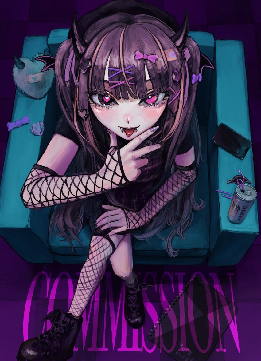 1girl absurdres black_boots black_horns black_nails black_shirt black_sleeves black_thighhighs blunt_bangs boots bow bright_pupils can cellphone chair checkered_clothes checkered_floor checkered_vest commentary_request commission crossed_legs detached_sleeves drink_can eyelashes fangs fangs_out fishnet_sleeves fishnet_thighhighs fishnets from_above full_body goth_fashion hair_bow hair_ornament hair_ribbon hair_wings hairpin hand_on_own_face heart heart_hair_ornament highres horns long_hair looking_at_viewer lui_n24 multicolored_hair notebook on_chair original phone piercing pink_hair pink_streaks purple_background purple_bow purple_eyes purple_hair purple_nails purple_ribbon purple_vest ribbon shirt sidelocks single_thighhigh sitting smartphone soda_can solo stuffed_toy thighhighs tongue tongue_out tongue_piercing two-tone_hair vampire very_long_hair vest white_pupils x_hair_ornament
