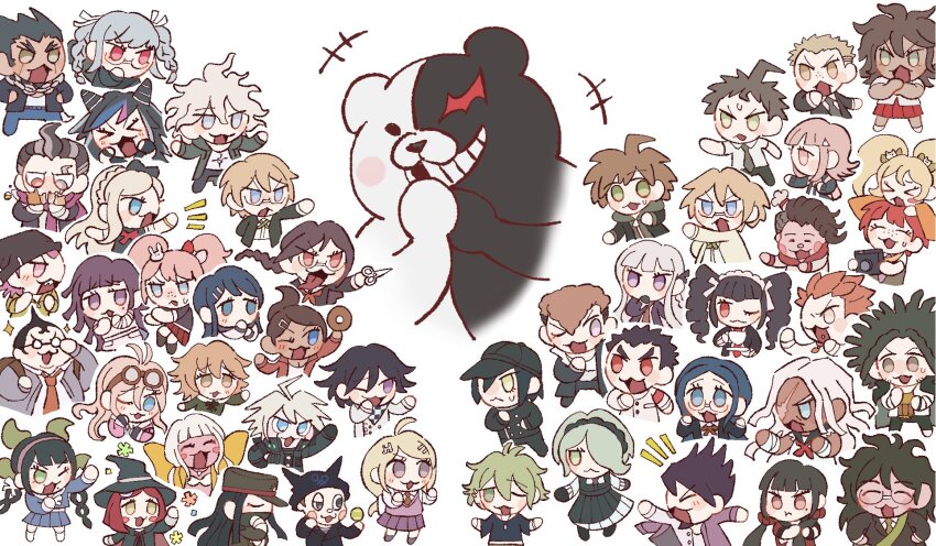 30en_(esx5g) 6+boys 6+girls :d ahoge akamatsu_kaede alternate_hair_ornament amami_rantaro antenna_hair asahina_aoi bandages black_hair black_jacket blonde_hair blue_eyes blue_hair blush blush_stickers bow braid brown_hair celestia_ludenberg chabashira_tenko cham-p chef_hat chibi cosplay danganronpa:_trigger_happy_havoc danganronpa_(series) danganronpa_2:_goodbye_despair danganronpa_v3:_killing_harmony dreadlocks drill_hair enoshima_junko enoshima_junko_(cosplay) everyone fat fat_man fujisaki_chihiro fukawa_toko galaga glasses goggles goggles_on_head gokuhara_gonta grey_hair hagakure_yasuhiro hair_bow hair_horns hair_ornament hairclip hamster hanamura_teruteru happy harukawa_maki hat highres hinata_hajime holding holding_own_hair hoshi_ryoma ikusaba_mukuro iruma_miu ishimaru_kiyotaka jacket japanese_clothes jewelry jum-p k1-b0 kimono kirigiri_kyoko koizumi_mahiru komaeda_nagito kuwata_leon kuzuryu_fuyuhiko long_hair looking_at_another maga-g maizono_sayaka mask miniskirt mioda_ibuki mole mole_under_eye mole_under_mouth momota_kaito monokuma mouth_mask multicolored_hair multiple_boys multiple_girls naegi_makoto nanami_chiaki nidai_nekomaru notice_lines ogami_sakura oma_kokichi open_mouth orange_kimono owada_mondo owari_akane pekoyama_peko pink_sweater_vest pout rabbit_hair_ornament red_bow red_eyes red_shirt red_skirt round_eyewear saihara_shuichi saionji_hiyoko scarf serious shinguji_korekiyo shirogane_tsumugi shirt short_hair skirt smile soda_kazuichi sonia_nevermind spiked_hair sun-d sweater_vest tanaka_gundham teeth togami_byakuya tojo_kirumi triangle_hair_ornament tsumiki_mikan twin_drills twintails two-tone_hair white_hair yamada_hifumi yonaga_angie yumeno_himiko