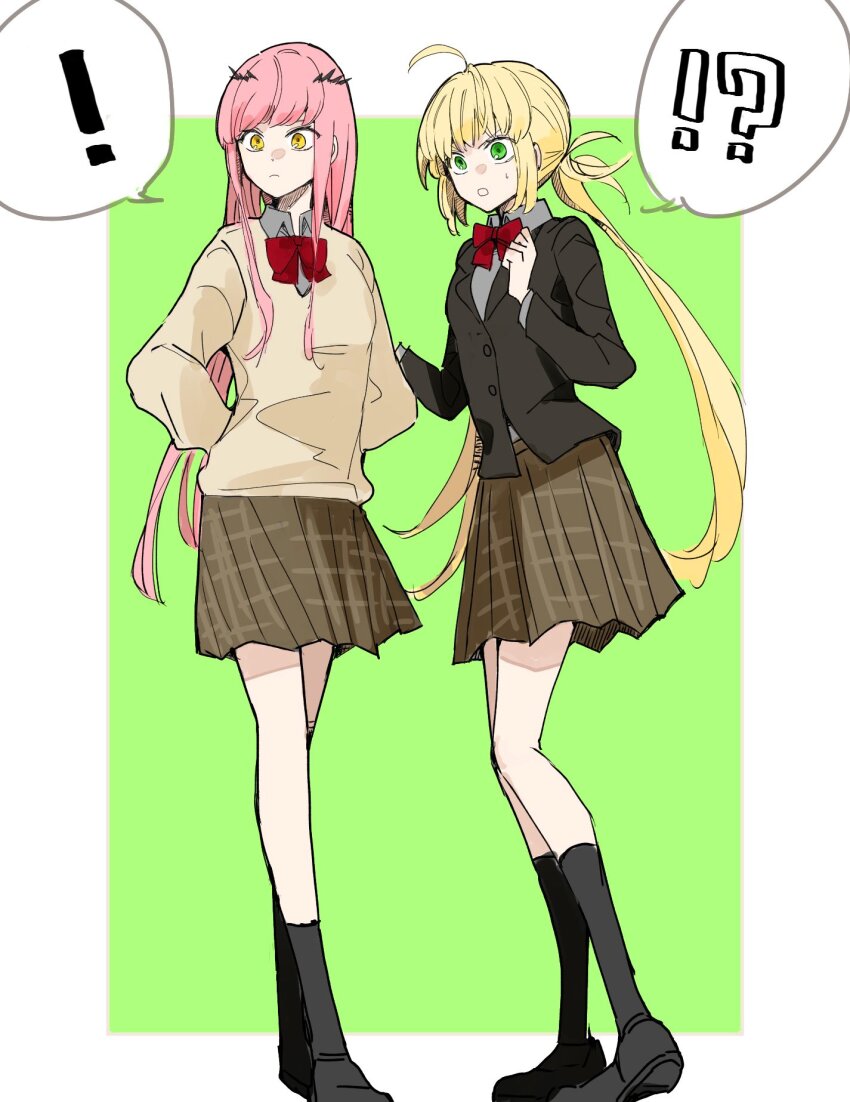 2girls arms_up artoria_caster_(fate) artoria_pendragon_(fate) black_jacket black_socks blonde_hair blunt_bangs bow choppy_bangs cnoc_na_riabh_(fate) fate/grand_order fate_(series) full_body green_eyes hair_between_eyes highres jacket ki_wa001 long_hair medb_(fate) multiple_girls pink_hair pleated_skirt red_bow school_uniform simple_background skirt socks speech_bubble surprised type-moon yellow_eyes