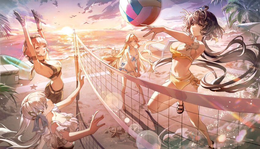 4girls alternate_costume arms_up ball bare_legs beachball beret bikini bikini_top_only black_bikini black_gloves black_hair black_hat black_shorts blonde_hair bow breasts cartethyia_(wuthering_waves) cleavage collarbone commentary dasha english_commentary female_rover_(wuthering_waves) gloves grey_hair hair_bow hair_ornament hair_ribbon hairclip hat jinhsi_(wuthering_waves) legs long_hair low_ponytail medium_breasts mole mole_on_cheek multiple_girls navel official_art open_mouth outdoors parallel_hairclips parted_lips pointy_ears ponytail red_eyes ribbon rover_(wuthering_waves) sanhua_(wuthering_waves) shorts sidelocks spiking stomach swim_ring swimsuit thighs very_long_hair volleyball white_bikini white_bow white_eyes white_hair wuthering_waves yellow_bikini yellow_eyes yellow_ribbon