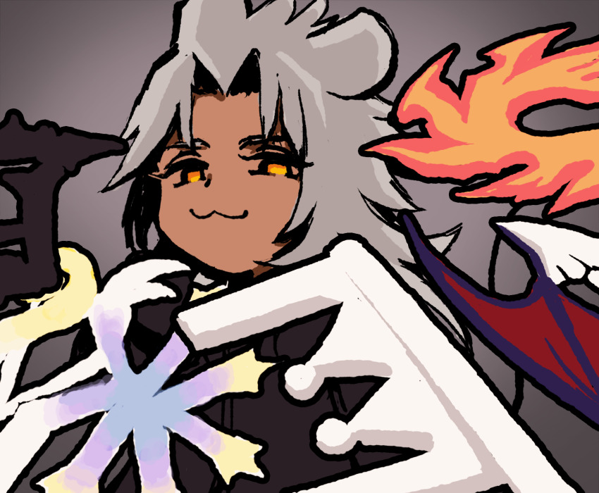 1boy animal_ears black_coat black_coat_(kingdom_hearts) chibi coat commentary dark-skinned_male dark_skin english_commentary gradient_background grey_background grey_hair highres hood hood_down kemonomimi_mode keyblade kingdom_hearts kingdom_hearts_ii knife_cat_(meme) long_hair male_focus meme mouse_ears mouse_tail parted_bangs smile snoozaga solo_focus tail weapon xemnas yellow_eyes