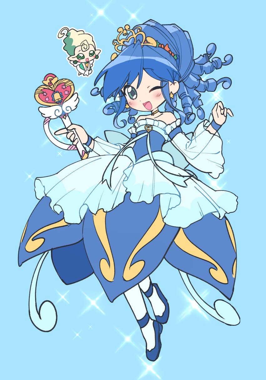 1girl :d ;d absurdres angel_wings aqua_dress aqua_eyes aqua_hair back_bow bare_shoulders blue_background blue_dress blue_hair blue_shoes blue_wrist_cuffs blush bow choker collarbone commentary creature curly_hair detached_sleeves dot_nose dress dress_ribbon earrings fairy foot_up frilled_dress frilled_sleeves frills full_body fushigiboshi_no_futago_hime fushigiboshi_no_futago_hime_gyu gold_choker gold_tiara gown hair_between_eyes hair_ornament hands_up hashtag-only_commentary heart heart_wand highres hime_lolita holding holding_wand huz_(a1438758295) index_finger_raised jewelry kyukyu lolita_fashion long_hair looking_at_viewer magical_girl mary_janes one_eye_closed open_mouth pantyhose pointy_ears rein_(futagohime) rein_(universal_princess)_(futagohime) ribbon ringlets see-through_clothes see-through_sleeves shoes sleeveless sleeveless_dress smile sparkle sparkle_background sphere_earrings star_(symbol) star_earrings star_hair_ornament strapless strapless_dress tiara wand white_bow white_hair white_pantyhose white_ribbon wide_sleeves wings wrist_cuffs