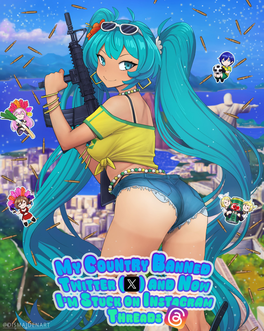 2boys 4girls absurdres aqua_eyes aqua_hair artist_name ass ass_focus assault_rifle ball bead_choker beads bikini bikini_under_clothes black_bikini blonde_hair blue_hair blue_shorts blue_sky bracelet brazil brazilian_flag brazilian_flag_print brazilian_miku brazilian_twitter_ban brown_hair bullet can chibi christ_the_redeemer city cloud commentary denim denim_shorts dismaiden earrings english_commentary english_text exposed_pocket eyewear_on_head flag_print flower food from_behind gold_bracelet gold_earrings guarana_antarctica gun hair_flower hair_ornament hatsune_miku highres holding holding_can holding_food holding_gun holding_spring_onion holding_vegetable holding_weapon jesus jewelry kagamine_len kagamine_rin kaito_(vocaloid) long_hair m4_carbine megurine_luka meiko_(vocaloid) micro_shorts multiple_boys multiple_bracelets multiple_girls patreon_logo patreon_username pink_hair rifle rio_de_janeiro river shirt shorts shorts_tan sky smile soccer_ball soccer_uniform sportswear spring_onion standing sunglasses swimsuit tan tanline the_bible threads_logo tied_shirt twintails twitter_x_logo vegetable very_long_hair vocaloid water weapon worldwide_miku
