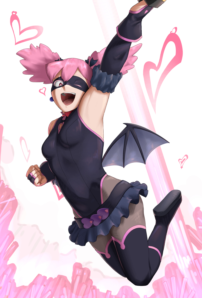 1girl ;d absurdres ai-assisted arm_up armpits black_boots black_leotard black_skirt black_thighhighs boku_no_hero_academia boots breasts clenched_hand detached_sleeves eye_mask grey_pantyhose haneyama_kazuho heart highres leotard miniskirt one_eye_closed open_mouth pantyhose pink_eyes pink_hair piyo_(tzdn7222) romeboom skirt small_breasts smile solo thighhighs twintails vigilante_-boku_no_hero_academia:_illegals-