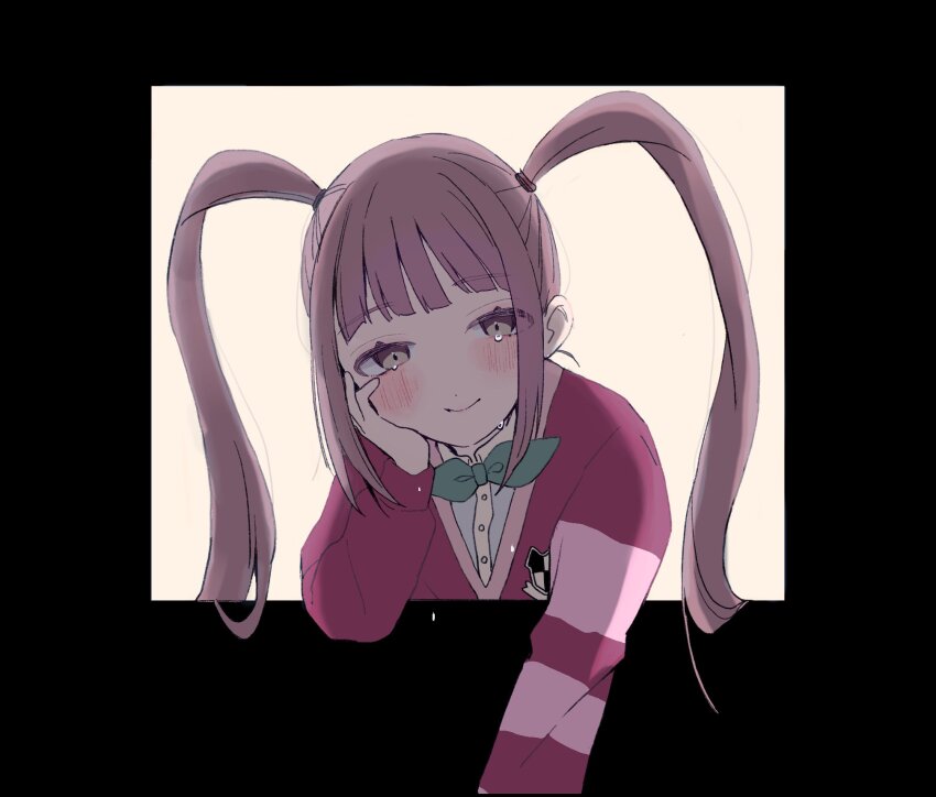 1girl black_border blunt_bangs blush border bow bowtie brown_background brown_eyes brown_hair cardigan closed_mouth collared_shirt crying dot_nose fourth_wall green_bow green_bowtie grey_shirt hair_tie hand_on_own_cheek hand_on_own_face head_rest highres htnmanpp idolmaster idolmaster_million_live! idolmaster_million_live!_theater_days light_smile long_hair long_sleeves looking_at_viewer matsuda_arisa outside_border red_cardigan shirt sidelocks solo striped_clothes striped_shirt tears twintails upper_body very_long_hair