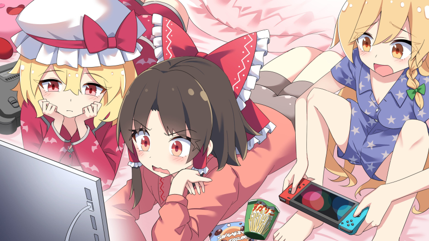 3girls alternate_costume animal_print bat_print blonde_hair blue_shirt blue_shorts blush bow braid breasts brown_hair cleavage closed_mouth collared_shirt commentary_request contemporary e.o. flandre_scarlet food_request frilled_bow frilled_hair_tubes frills green_bow hair_bow hair_tubes hakurei_reimu hands_on_own_cheeks hands_on_own_face hat hat_bow highres kirisame_marisa long_hair long_sleeves lying mob_cap multiple_girls nintendo_switch on_stomach open_mouth print_shirt print_shorts red_bow red_eyes red_shirt red_shorts shirt short_sleeves shorts side_braid single_braid sitting touhou under_covers very_long_hair white_hat yellow_eyes