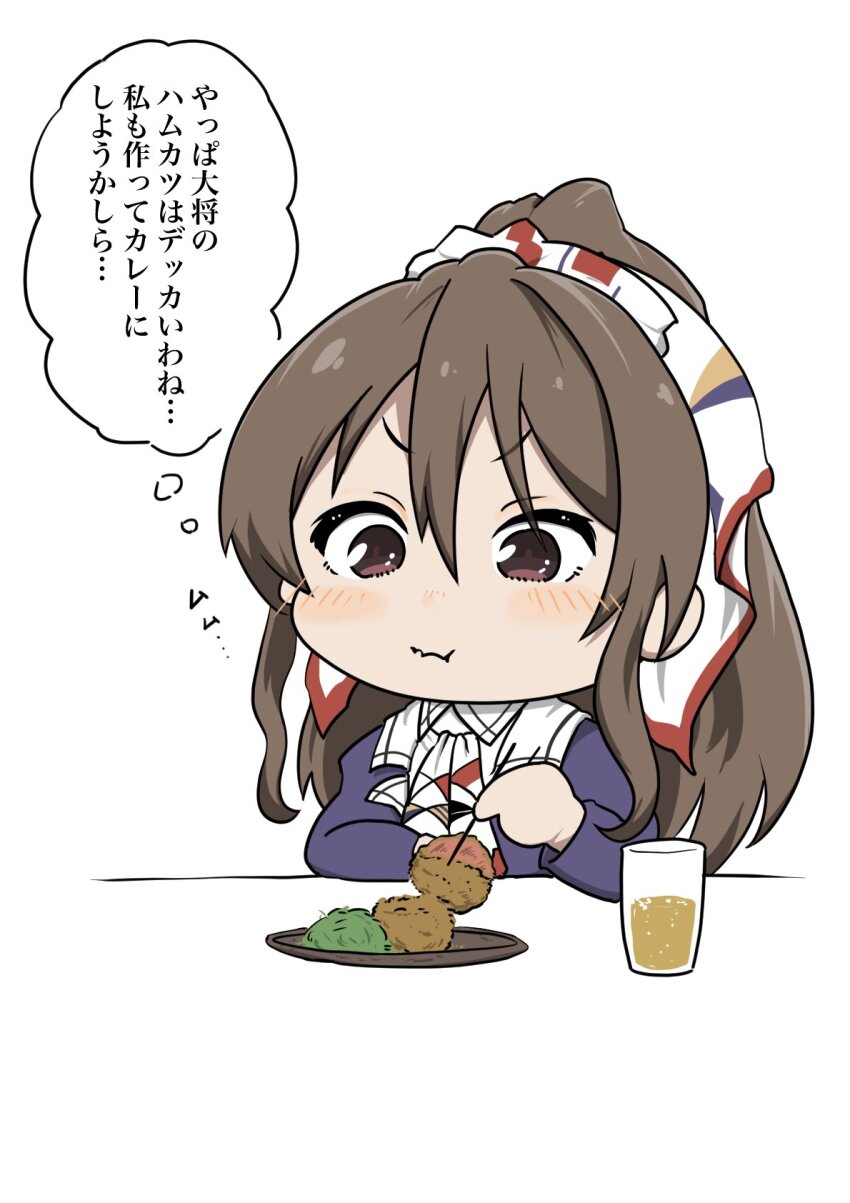 1girl ashigara_(kancolle) ashigara_kai_ni_(kancolle) brown_eyes brown_hair cup daigorou_(42036928) drinking_glass eating food highres jacket kantai_collection long_hair military_uniform multicolored_neckerchief neckerchief official_alternate_hairstyle ponytail print_neckerchief purple_jacket simple_background solo speech_bubble thought_bubble upper_body white_background