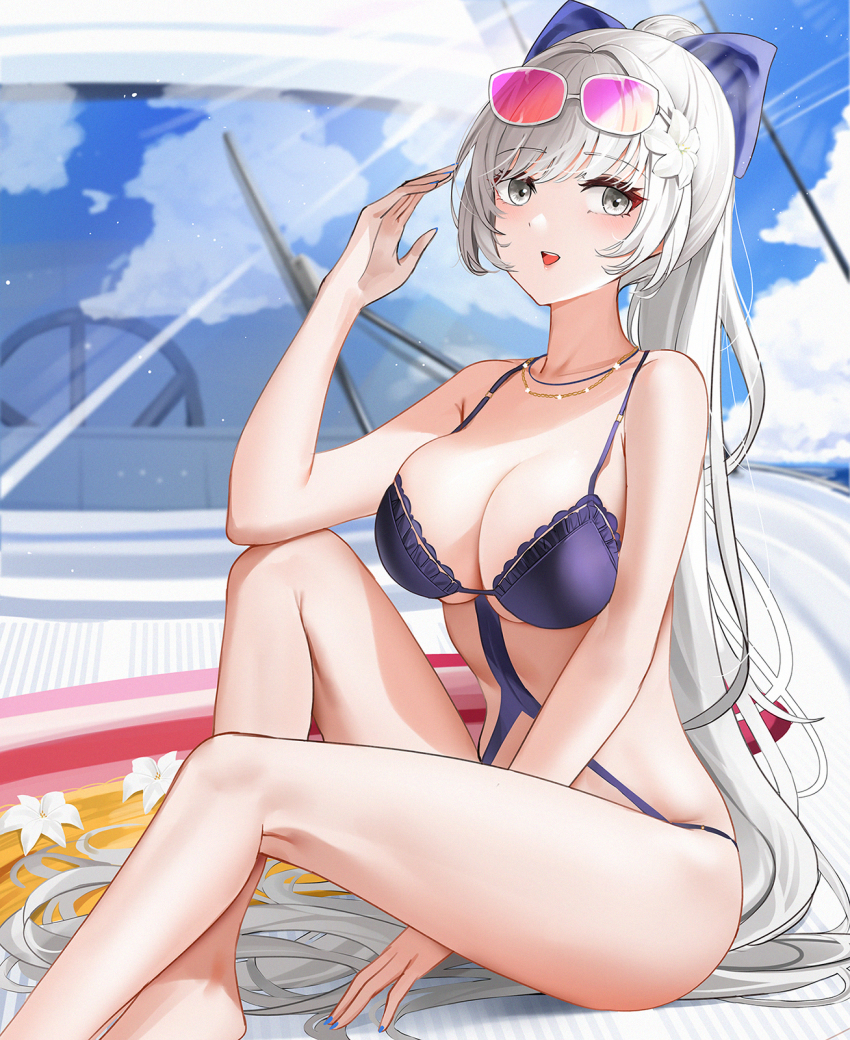 1girl azur_lane bare_arms bare_legs bare_shoulders blue_bow blue_sky blush boat bow breasts chain chain_necklace cleavage cloud day elbow_rest eyewear_on_head feet_out_of_frame flower grey_eyes hair_bow hair_flower hair_intakes hair_ornament hair_spread_out highres jewelry lace lace-trimmed_swimsuit lace_trim large_breasts long_hair looking_at_viewer monokini necklace official_alternate_costume one-piece_swimsuit outdoors parted_lips ponytail purple_one-piece_swimsuit qing_wu sky solo swimsuit tinted_eyewear vittorio_veneto_(azur_lane) vittorio_veneto_(the_flower_of_la_spezia)_(azur_lane) watercraft white-framed_eyewear white_flower white_hair