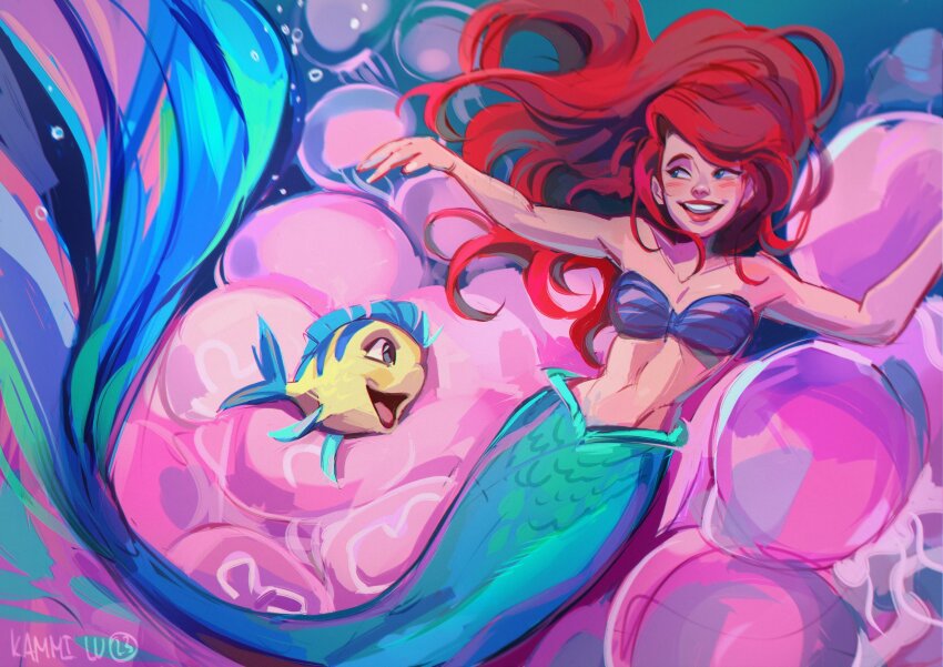 1girl 2023 ariel_(disney) artist_name bikini blue_eyes blue_tail blush bubble collarbone derivative_work fish floating_hair flounder_(the_little_mermaid) hair_behind_ear highres jellyfish kammi_lu long_hair looking_to_the_side mermaid monster_girl navel open_mouth parted_lips red_hair screenshot_redraw shell shell_bikini smile solo_focus the_little_mermaid_(2023) the_little_mermaid_(disney) underwater very_long_hair