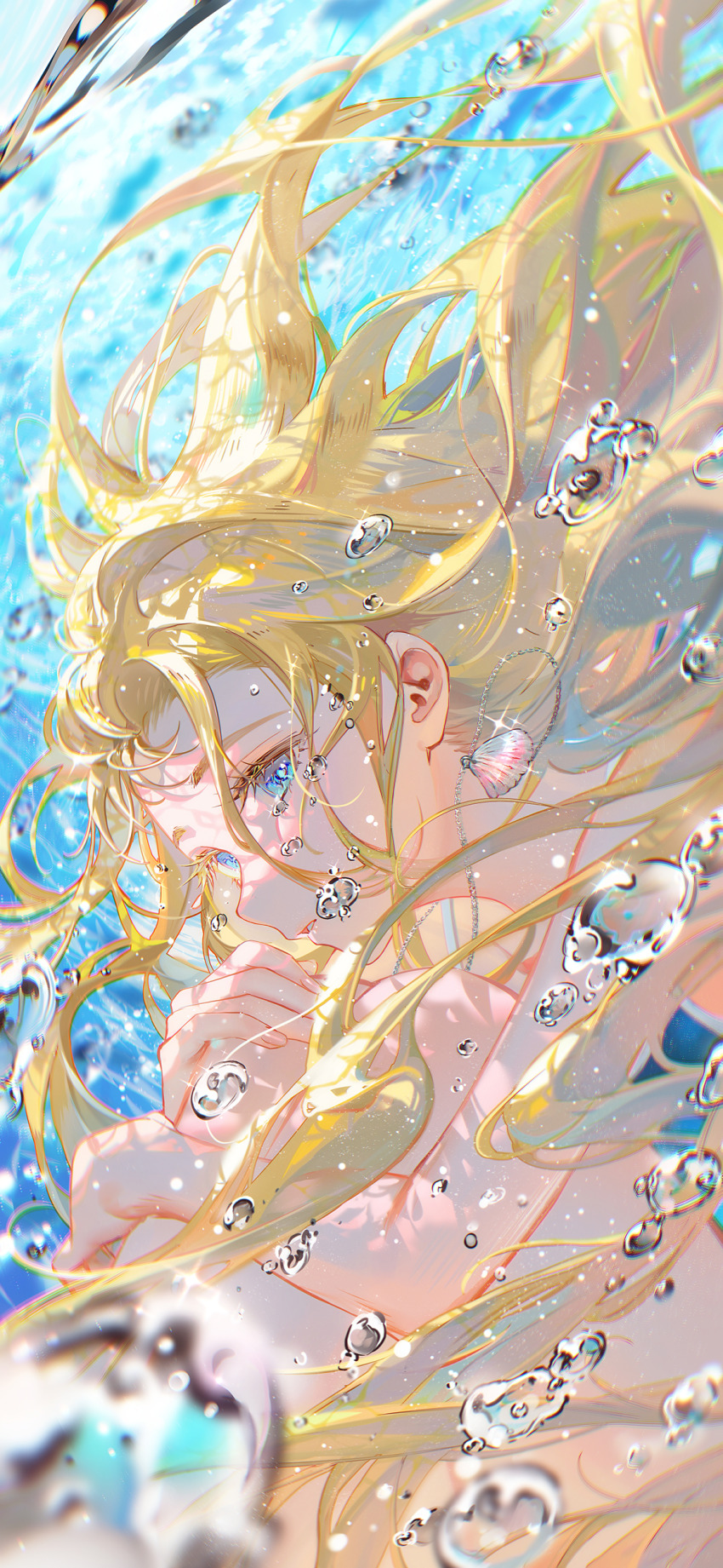 1girl absurdres air_bubble bare_arms bare_legs bare_shoulders blonde_hair blue_eyes bubble curled_up floating_hair from_side highres hugging_own_legs jewelry knees_to_chest kofune_ushio light_particles long_hair necklace profile shell shell_necklace solo summertime_render tidsean underwater upper_body