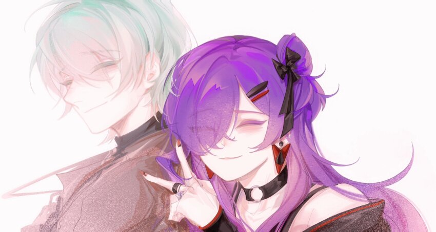 1boy 1girl alternate_costume anshango black_choker brown_nails choker closed_eyes closed_mouth commentary female_shez_(fire_emblem) fingernails fire_emblem fire_emblem:_three_houses fire_emblem_warriors:_three_hopes green_hair hair_bun hair_over_one_eye highres long_hair male_byleth_(enlightened)_(fire_emblem) male_byleth_(fire_emblem) nintendo purple_hair short_hair simple_background single_hair_bun smile white_background