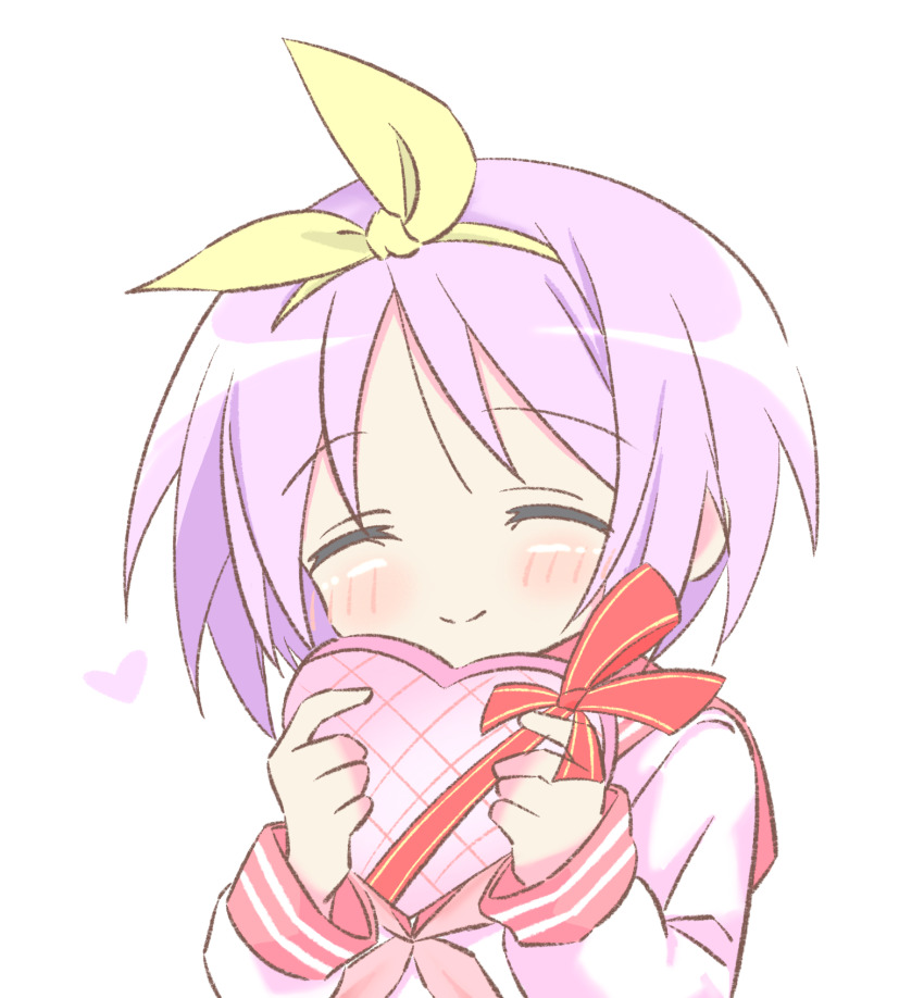 1girl blush bow box closed_eyes closed_mouth forehead hairband happy heart heart-shaped_box highres hiiragi_tsukasa holding holding_box kmym97457689 lucky_star neckerchief pink_neckerchief pink_sailor_collar purple_hair red_ribbon ribbon ryouou_school_uniform sailor_collar school_uniform shirt short_hair simple_background smile solo upper_body valentine white_background white_shirt yellow_bow yellow_hairband