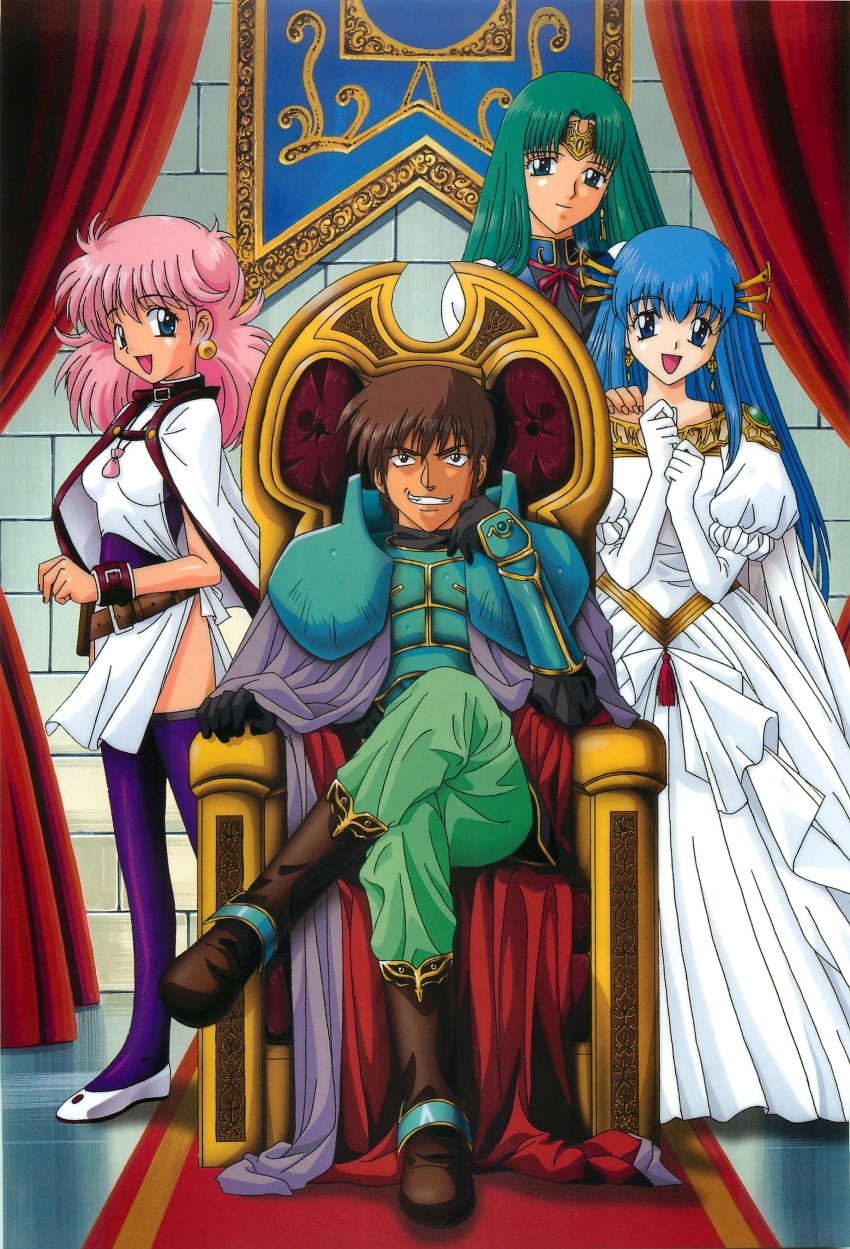 1boy 3girls absurdres armor blue_hair breasts brown_hair cloak crossed_legs dress full_body green_hair grin highres kichikuou_rance lia_parapara_leazas long_hair looking_at_viewer maris_amaryllis multiple_girls mutsumi_masato official_art pink_hair rance rance_(series) scan sill_plain sitting_on_throne small_breasts smile white_dress