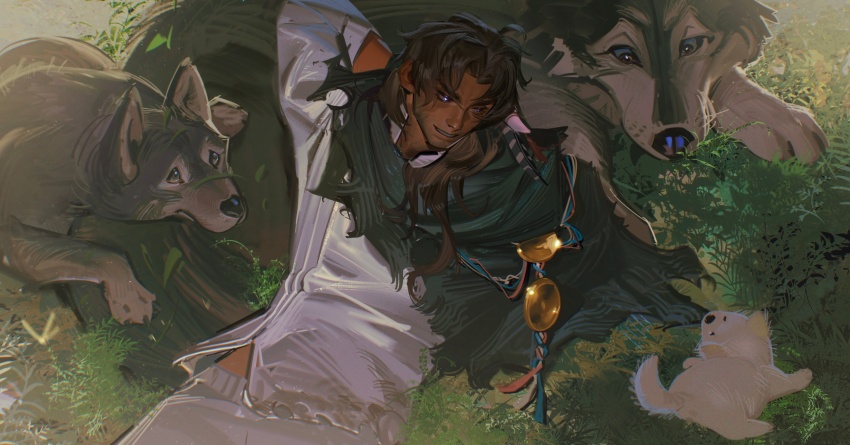 1boy absurdres aged_down amputee arm_behind_head baby_animal black_cloak black_eyes black_hair cloak dark-skinned_male dark_skin dog grass grin highres looking_at_animal lying male_focus missing_limb on_animal puppy reverse:1999 shamane shirt smile solo upper_body white_shirt wolf yodenn_4