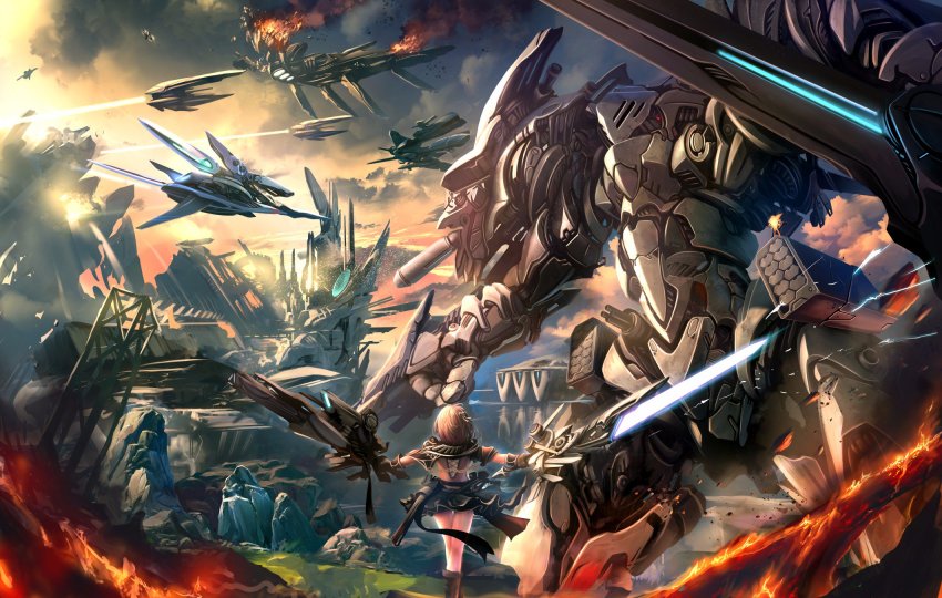 1girl aerial_battle aircraft airplane battle boots brown_hair burning cloud crossed_legs debris energy_sword fighter_jet fire from_behind gun highres mecha military military_vehicle original outdoors robot rock science_fiction short_hair smoke soraizumi standing sword unfinished weapon