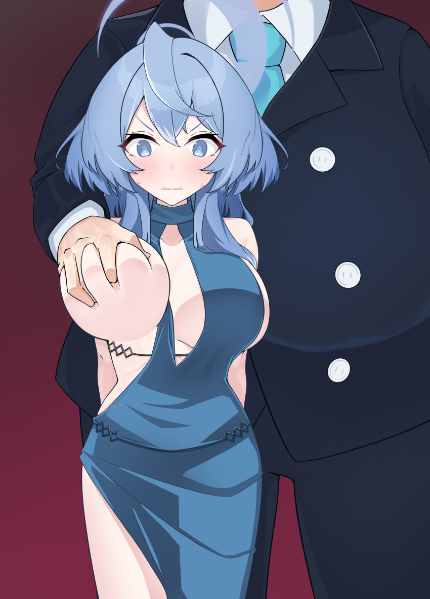 1boy 1girl absurdres ako_(blue_archive) ako_(dress)_(blue_archive) atsu_kake blue_archive blue_eyes blue_hair blush breast_lift breast_press breasts breasts_out breasts_squeezed_together clenched_teeth deep_skin dress embarrassed facing_viewer fat fat_man grabbed_breast_over_shoulder grabbing_another&#039;s_breast gradient_background groping highres huge_breasts looking_at_viewer one_breast_out revealing_clothes shy size_difference skindentation sleeveless sleeveless_dress surprised teeth wavy_mouth wide-eyed
