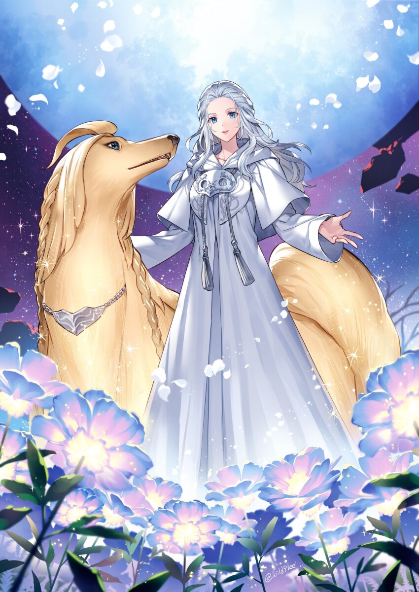 1girl afghan_hound animal argos_(ff14) blue_eyes capelet commentary_request dog drawstring elpis_flower falling_petals field final_fantasy final_fantasy_xiv flower flower_field full_body glowing_flower grey_hair highres hood hood_down hooded_capelet korean_commentary leaf light_smile long_hair looking_at_viewer mask mask_around_neck outdoors parted_lips petals planet robe sky sophist&#039;s_robe_(ff14) sparkle standing star_(sky) starry_sky tassel unworn_mask venat_(ff14) wavy_hair white_capelet white_robe wide_sleeves wild5lee