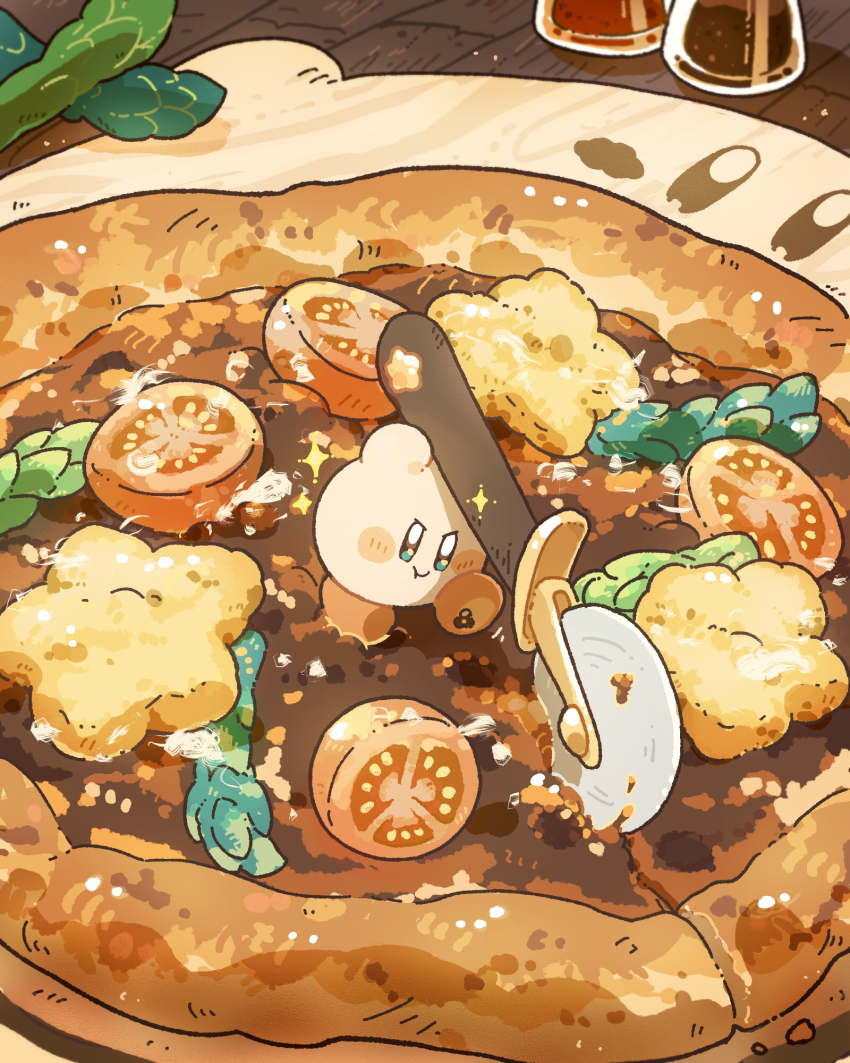 :t arms_up asparagus blue_eyes blush blush_stickers bottle cherry_tomato closed_mouth commentary_request crumbs cutting_board food food_focus harukui highres holding kirby kirby_(series) nintendo no_humans pizza pizza_cutter star_(symbol) tomato v-shaped_eyebrows
