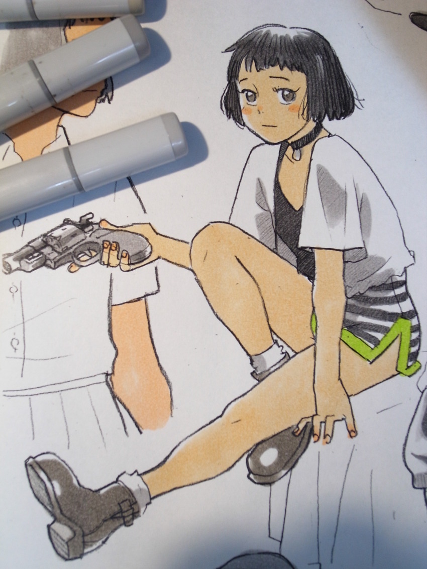 1girl absurdres arm_support art_tools_in_frame black_camisole black_choker black_eyes black_hair blouse bob_cut boots brown_footwear camisole choker closed_mouth dolphin_shorts extremaratio69 gun handgun highres holding holding_gun holding_weapon invisible_chair knee_up leon_the_professional looking_at_viewer marker_(medium) mathilda_lando micro_shorts open_clothes open_shirt outstretched_leg revolver shirt short_hair short_sleeves shorts sitting solo_focus striped_clothes striped_shorts traditional_media trigger_discipline weapon white_shirt