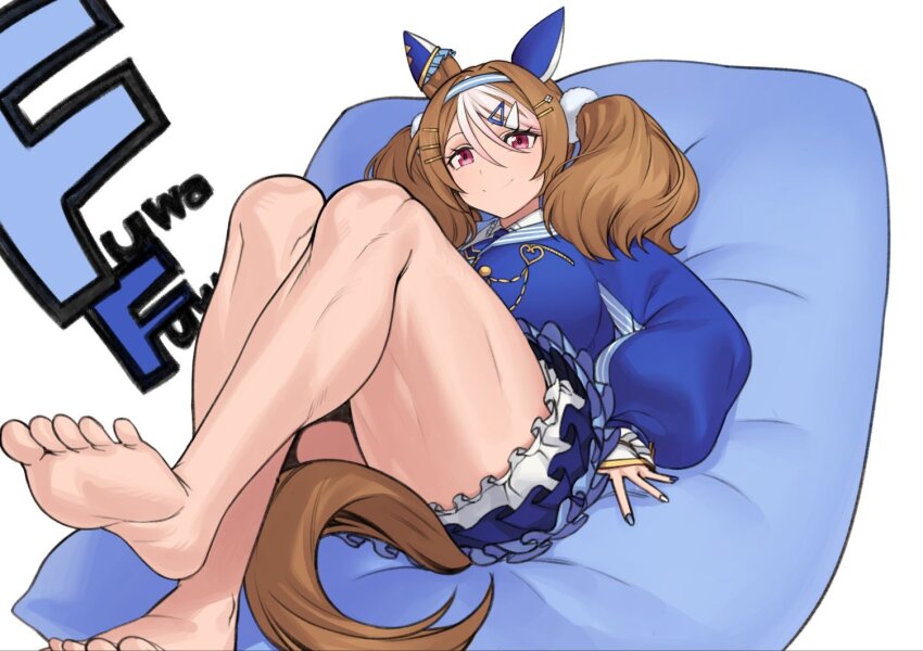 1girl admire_japan_(racehorse) animal_ears bean_bag_chair blue_headband blue_nails brown_hair commentary crossed_legs ear_covers frilled_skirt frills fukuro_(maruaru00) genderswap genderswap_(mtf) hair_between_eyes hair_ornament hairclip headband horse_ears horse_girl horse_tail juliet_sleeves layered_skirt long_hair long_sleeves lying on_back original personification puffy_sleeves purple_eyes skirt smile solo striped_headband tail thick_thighs thighs twintails umamusume yogibo