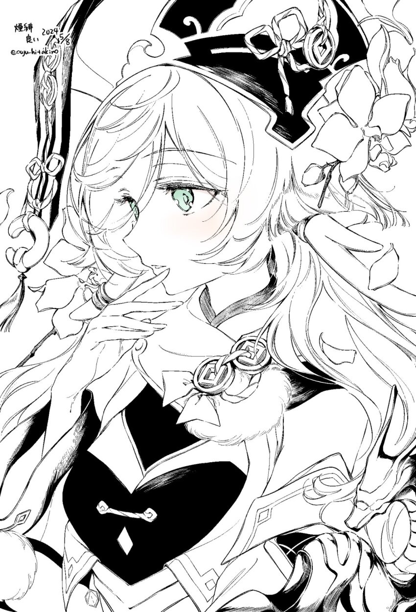 1girl antlers blue_eyes blush breasts chinese_clothes cleavage commentary_request dated dragon from_side genshin_impact hand_to_own_mouth highres horns long_hair parted_bangs parted_lips partially_colored saki_hajime solo twitter_username upper_body xiezhi_guan yanfei_(genshin_impact)
