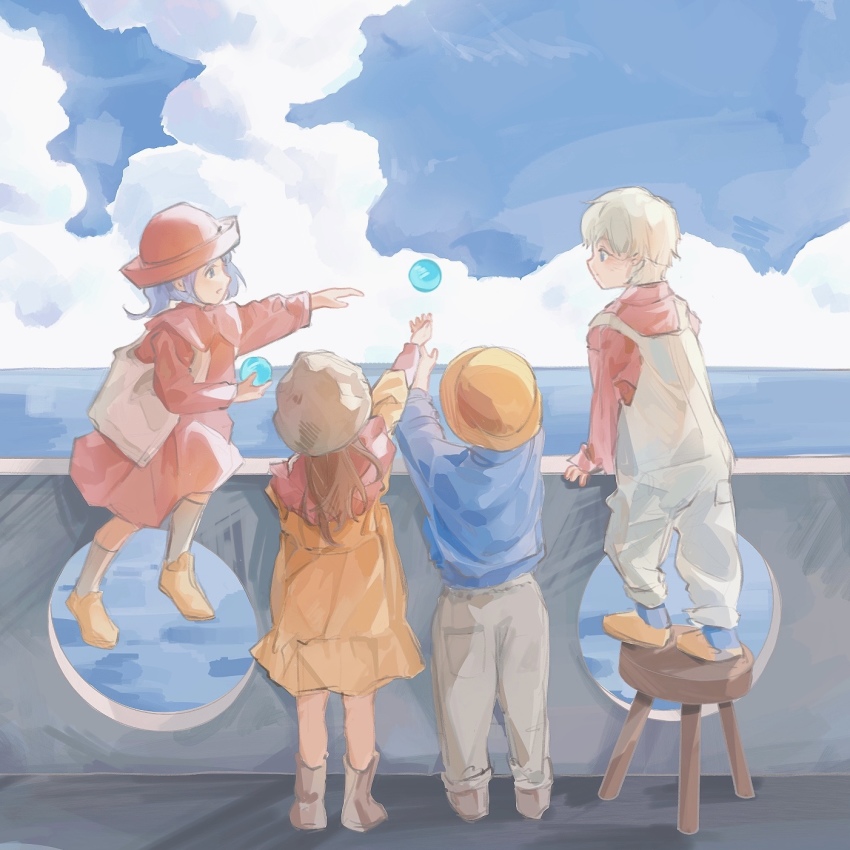 2boys 2girls bag ball blue_shirt blue_sky child cloud day dress handbag highres hiradaira_chisaki ladyl1zan mukaido_manaka multiple_boys multiple_girls nagi_no_asukara ocean outdoors overalls pink_dress pink_headwear railing shirt sitting sky socks standing stool water white_hair yellow_dress yellow_headwear aged_down
