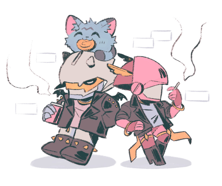 black_jacket black_wings blue_fur body_fur chibi cigarette closed_eyes delinquent digimon digimon_(creature) digipuri dynasmon full_body group_picture helmet hiragana_digimon_royal_knights_monogatari holding holding_cigarette jacket lordknightmon on_head pink_helmet shirt simple_background smoking wanyamon white_background white_helmet white_shirt wings