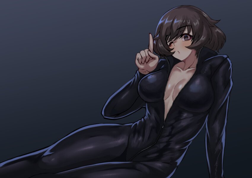 1girl akiyama_yukari alternate_costume arm_support black_bodysuit bodysuit bougainvillea_(unnryuu) breasts brown_eyes brown_hair center_opening cleavage closed_mouth collarbone collared_bodysuit commentary feet_out_of_frame full-length_zipper girls_und_panzer gradient_background grey_background hand_up highres index_finger_raised large_breasts long_sleeves looking_at_viewer lying on_side one_eye_closed partially_unzipped short_hair solo thick_eyelashes thighs unkempt zipper