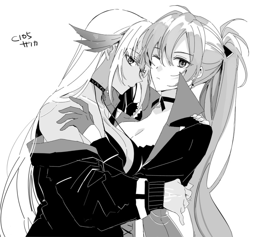 2girls amazuki_jou azur_lane breasts choker cleavage closed_mouth gloves greyscale hair_ornament hair_ribbon hand_on_another&#039;s_shoulder jean_bart_(azur_lane) large_breasts long_hair long_sleeves massachusetts_(azur_lane) monochrome multiple_girls off_shoulder one_eye_closed ponytail ribbon upper_body yuri