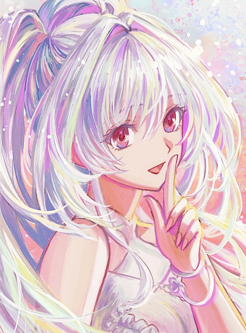 1girl bikini commentary_request edaori fate/grand_order fate_(series) fingernails hair_between_eyes highres index_finger_raised lady_avalon_(fate) lady_avalon_(second_ascension)_(fate) long_hair looking_at_viewer merlin_(fate/prototype) merlin_(swimsuit_pretender)_(second_ascension)_(fate/prototype) official_alternate_costume open_mouth pink_eyes smile solo swimsuit twintails white_bikini white_hair