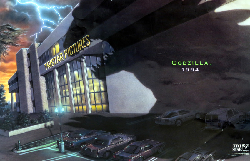 artist_request car cloud concept_art cut_content dinosaur giant giant_monster godzilla godzilla_(series) godzilla_(unmade_1994_u.s._film) godzilla_the_series highres kaiju lightning monster motor_vehicle movie_poster no_humans official_art orange_sky promotional_art shadow sharp_teeth sky spikes storm storm_cloud lamppost sunset teeth toho tree tristar_pictures zilla