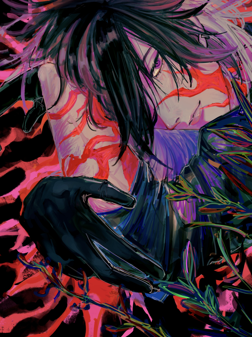 1boy absurdres black_gloves black_hair burn_scar commentary earrings facial_scar fire gloves gradient_hair hair_over_one_eye highres jewelry jikkyuu_mitsutada light_smile looking_at_viewer lying male_focus multicolored_hair one_eye_covered plant pose_request purple_eyes rinya_(suimin_100h) scar scar_on_arm scar_on_cheek scar_on_face scar_on_neck solo touken_ranbu white_hair