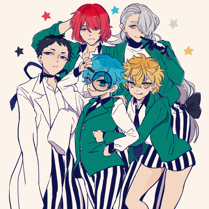 5boys :&lt; :p arm_on_own_head ashikaga_hyouta bishounen bishounen_series black_eyes black_gloves black_hair blonde_hair blue_eyes blue_hair bow collared_shirt commentary formal_clothes frown fukuroi_mitsuru gloves green_suit green_vest grey_eyes grey_hair hair_between_eyes hair_bow hair_over_one_eye hatch_(8cco) highres holding holding_magnifying_glass hug light_frown light_smile long_hair long_sleeves looking_at_viewer looking_to_the_side low-tied_long_hair magnifying_glass male_focus multiple_boys necktie pants ponytail red_eyes red_hair sakiguchi_nagahiro shirt short_hair shorts simple_background smile soutouin_manabu star_(symbol) striped_clothes suit thighs tongue tongue_out upper_body very_long_sleeves vest white_background white_shirt yellow_eyes yubiwa_sousaku