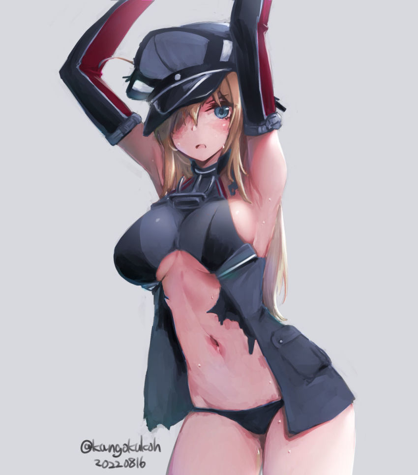 1girl bismarck_(kancolle) black_panties blonde_hair blue_eyes breasts cleavage commentary_request cowboy_shot detached_sleeves dress grey_dress hair_over_one_eye hat highres kangoku_kou kantai_collection large_breasts looking_at_viewer military military_hat military_uniform panties peaked_cap solo torn_clothes underwear